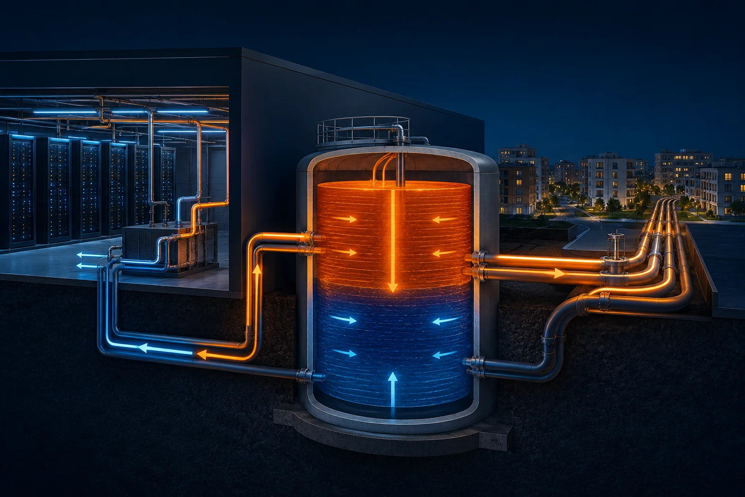 Schema buffer termico integrato nel loop di cooling del data center